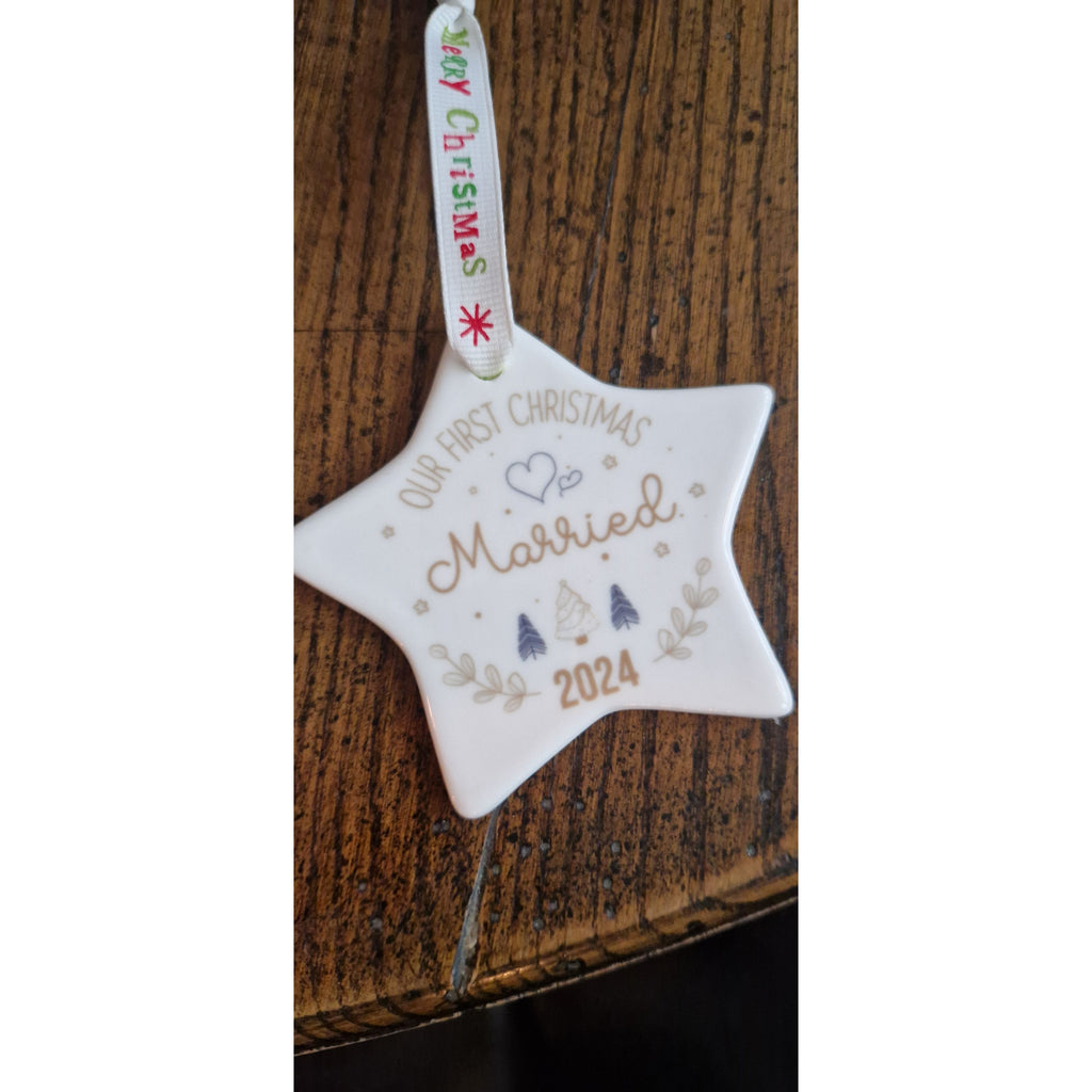 Our First Christmas Married Ceramic Star Decoration – Personalised with Year