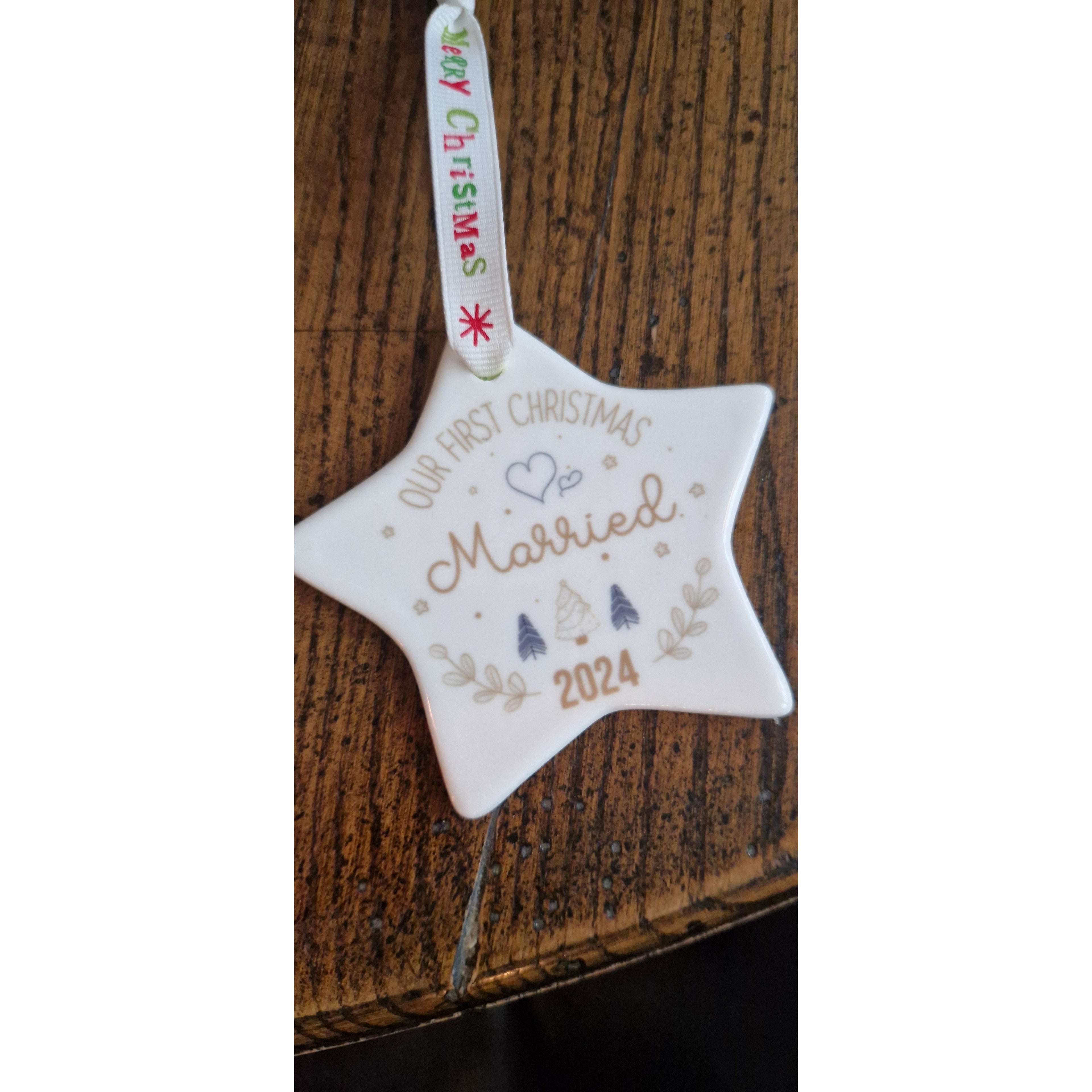 Our First Christmas Married Ceramic Star Decoration – Personalised with Year
