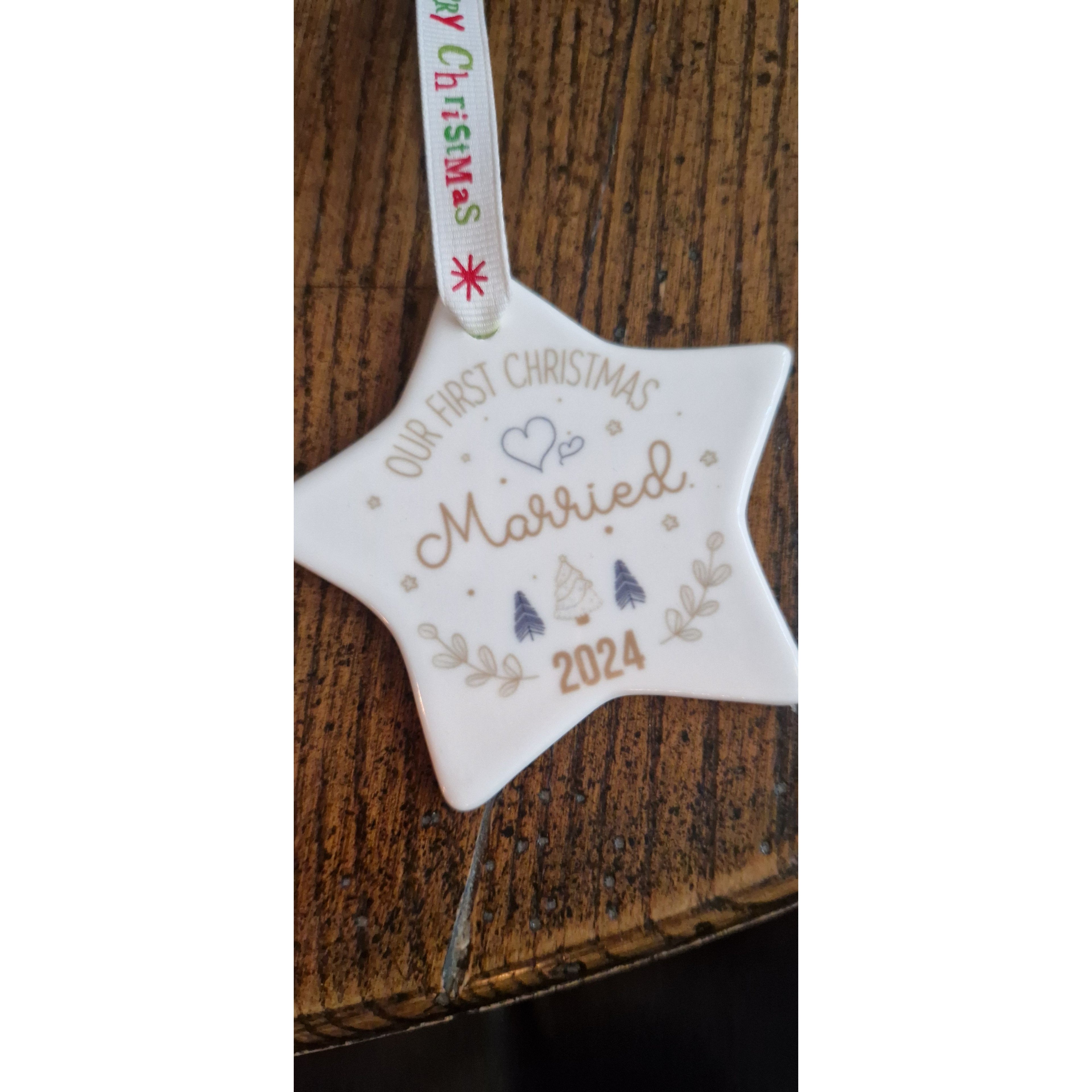 Our First Christmas Married Ceramic Star Decoration – Personalised with Year