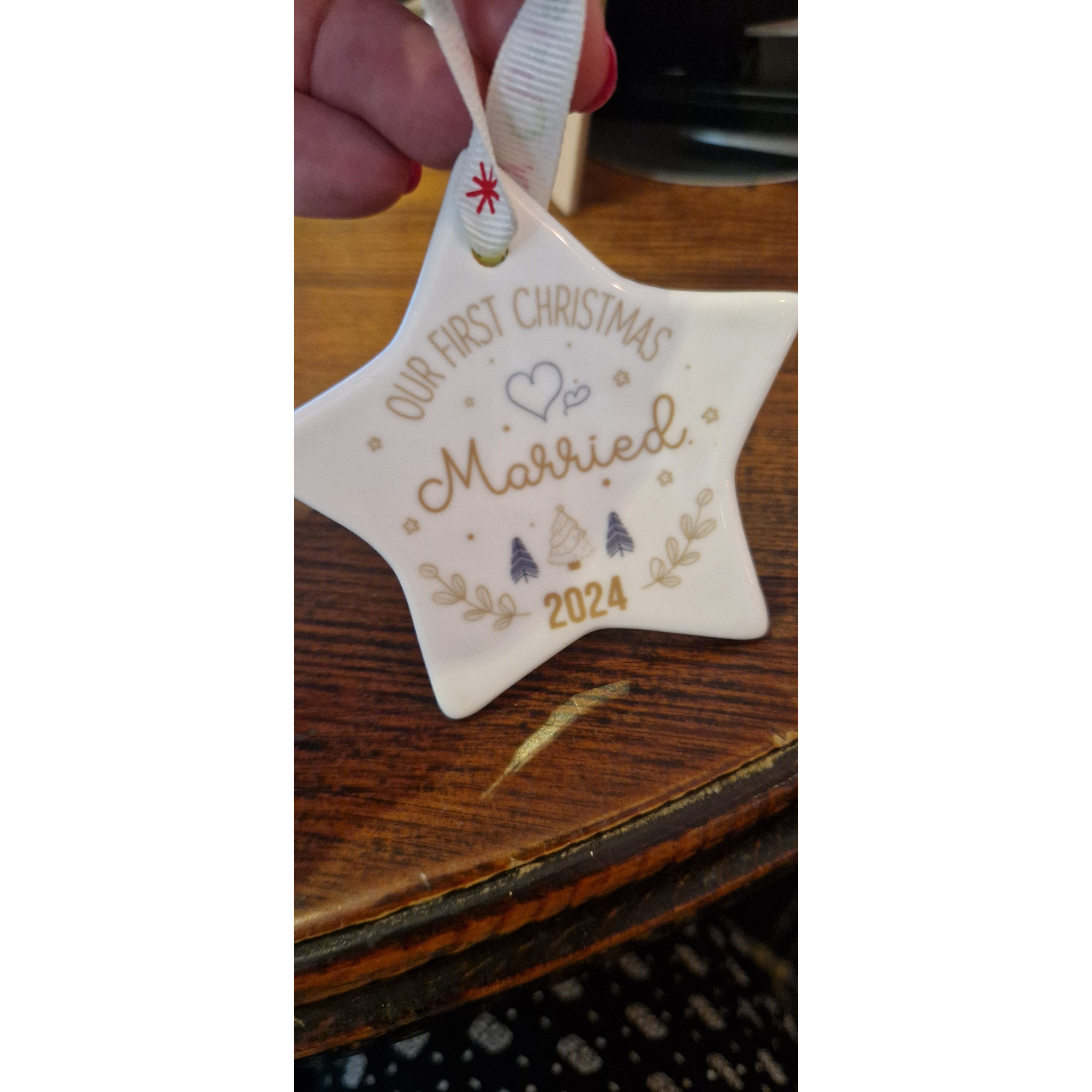 Our First Christmas Married Ceramic Star Decoration – Personalised with Year